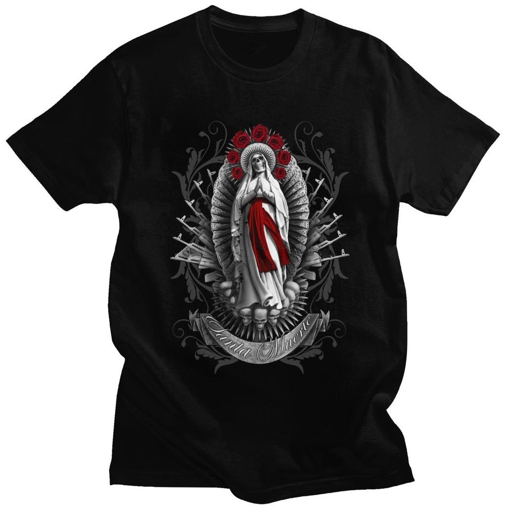 Funny Gift Lady of Holy Death T-shirt Mexican Skull Tee Clothing Santa Muerte T Shirt Short Sleeved Gothic Top Men Clothing