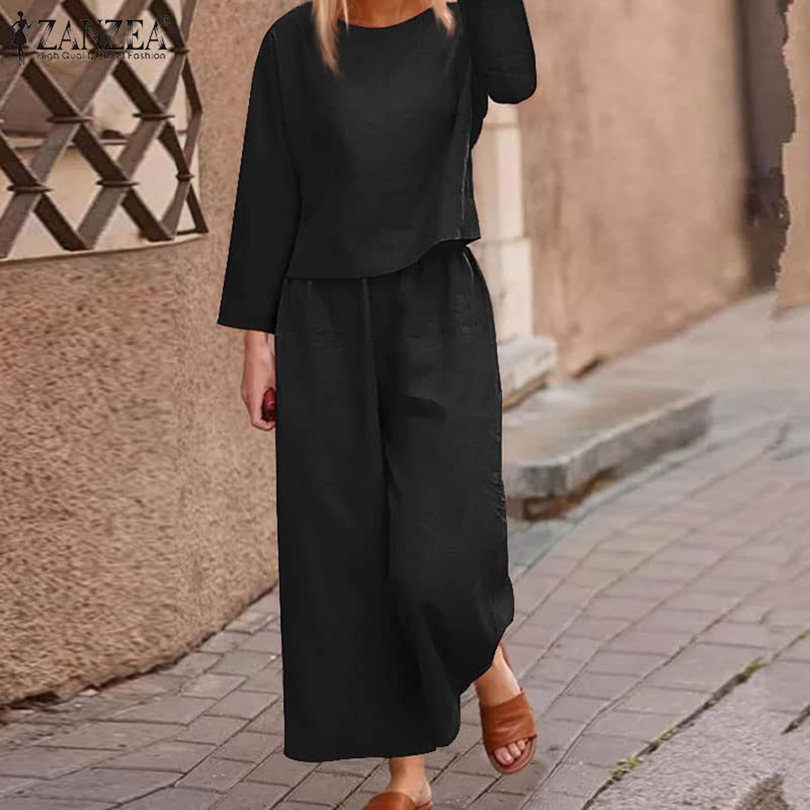 

Женский льняной костюм-двойка Льняной костюм Брюки и рубашки с длинными рукавами Повседневный брючный костюм оверсайз Льняная блузка с круглым вырезом Свободные льняные брюки XXXL