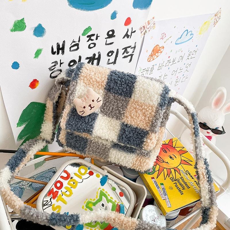 

Women Plush Messenger Bag Checked Pattern Shoulder Bag Zipper Half Moon Semicircle Shape Cloth Purses Girls Cute Crossbody Bags CLE 21x6x19cm синий