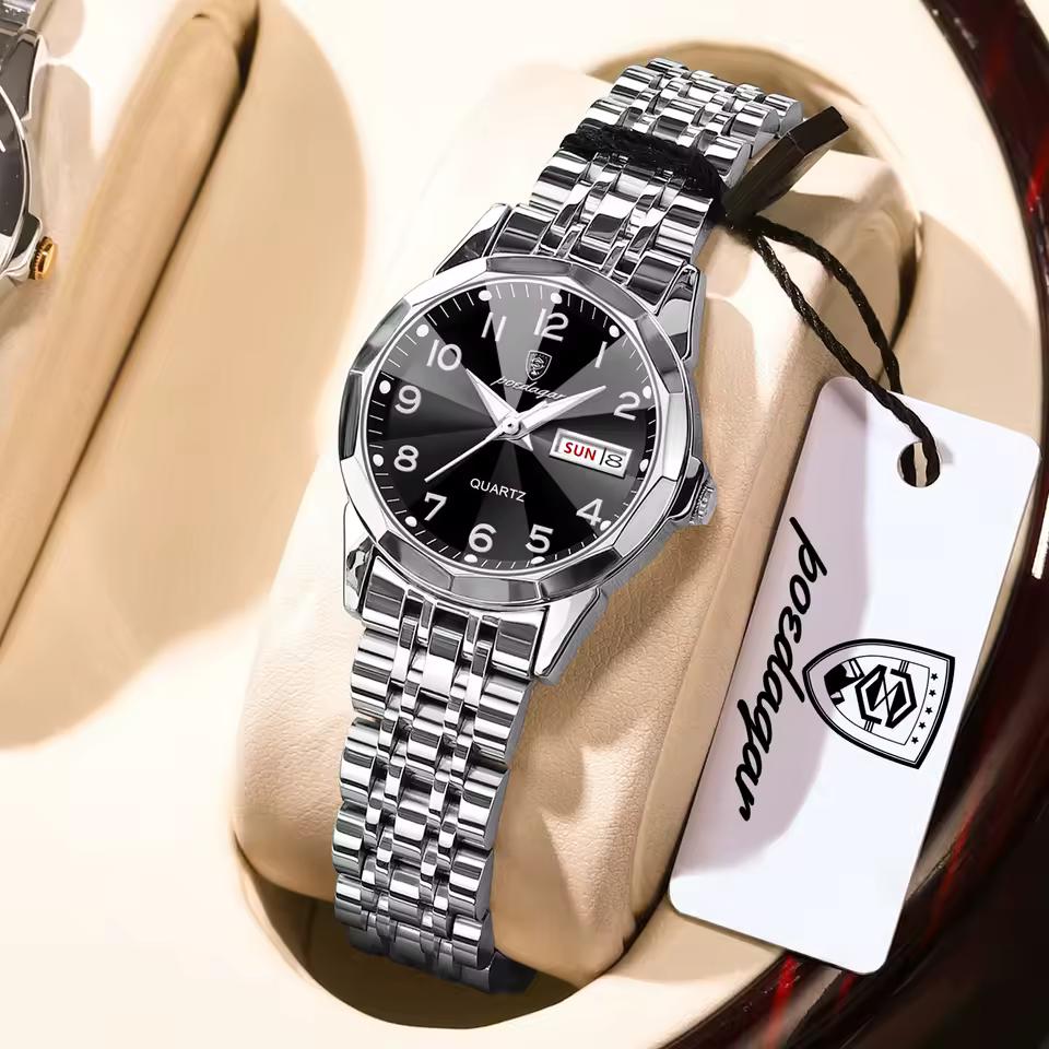 POEDAGAR Montre-bracelet étanche lumineuse à date en acier inoxydable pour femme, Montres tendance pour dames, Cadeaux pour femmes