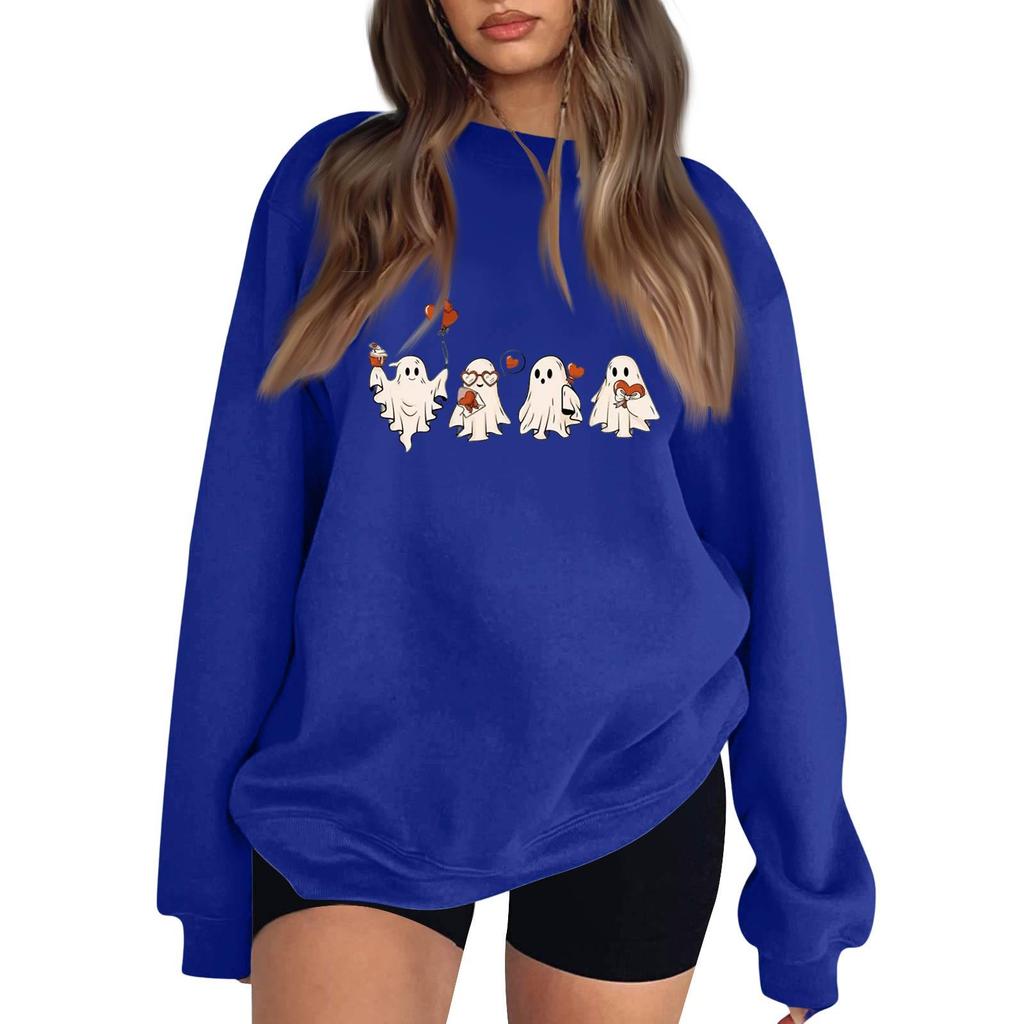 Women's Color Neck Long Sleeve Loose Fit Sweatshirt with Halloween Print