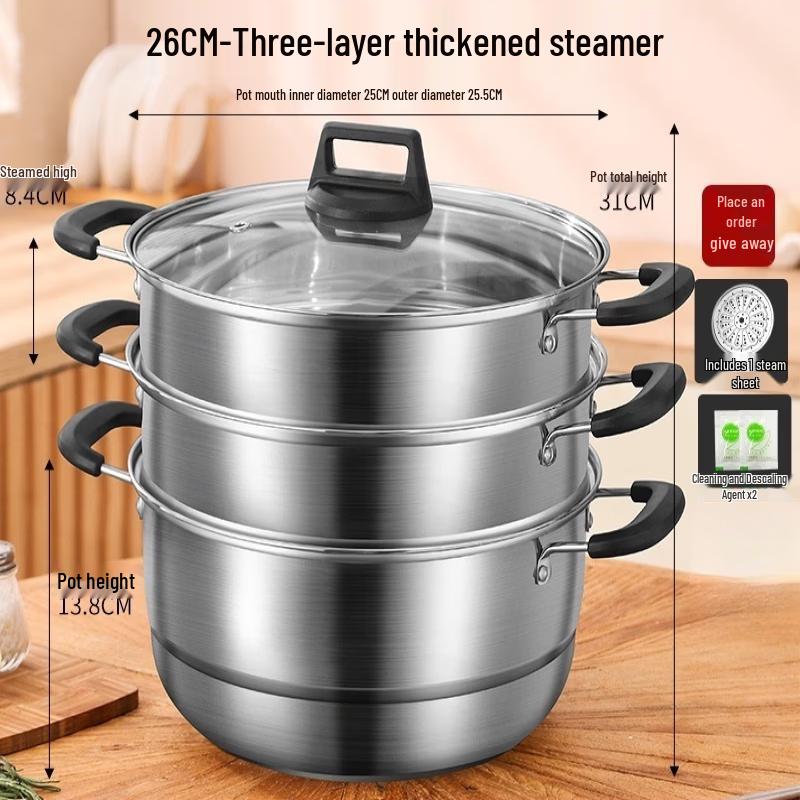 Wutuo 26CM Stainless Steel Steamer Pot with 2 Baskets