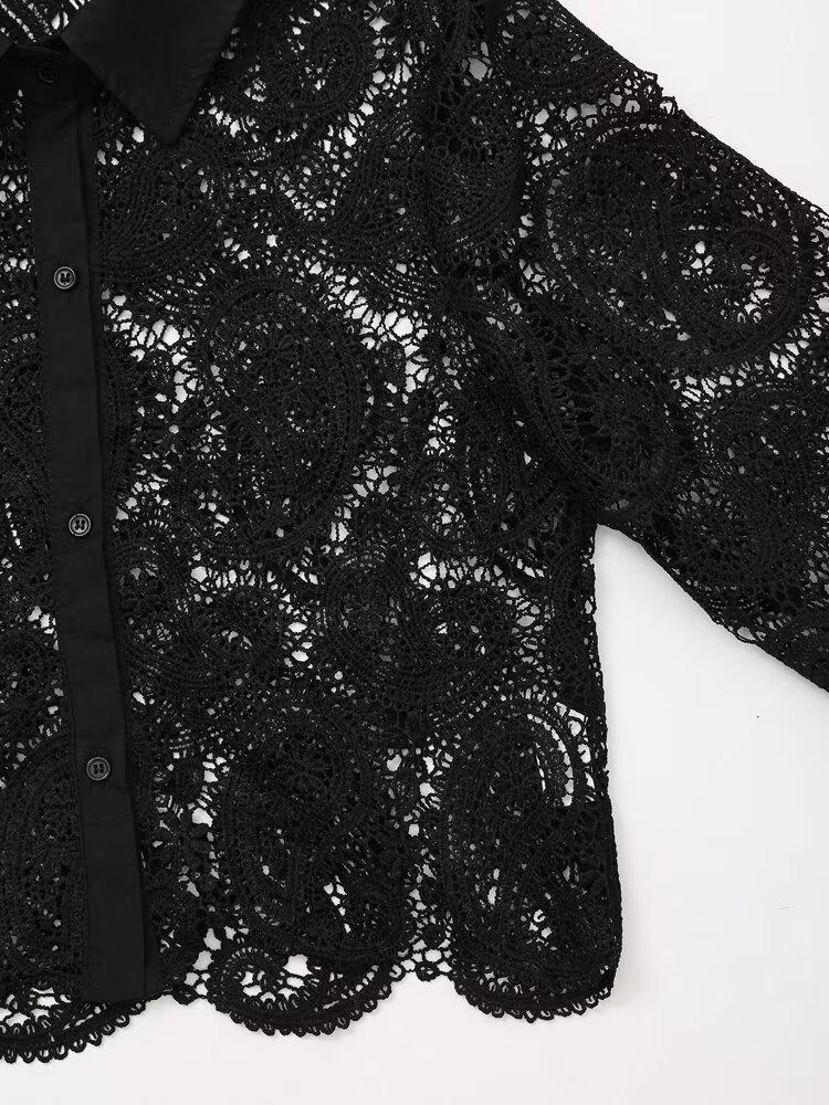 European & American Retro Crochet Knit Hollow Long Sleeve Women's Shirt