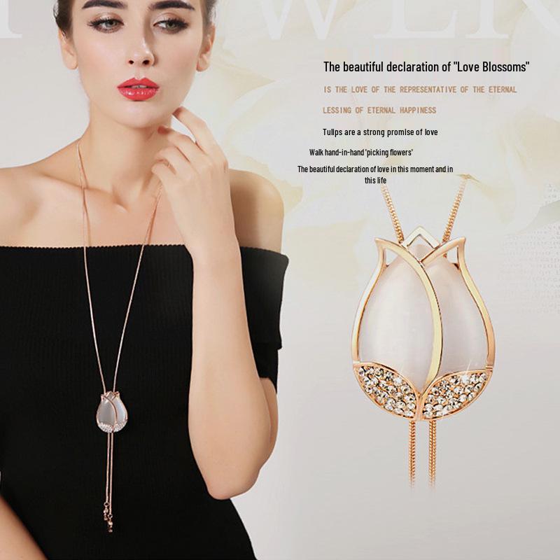 Универсальное женское ожерелье-подвеска  Тюльпан  с кошачьим глазом на длинной хрустальной цепочке