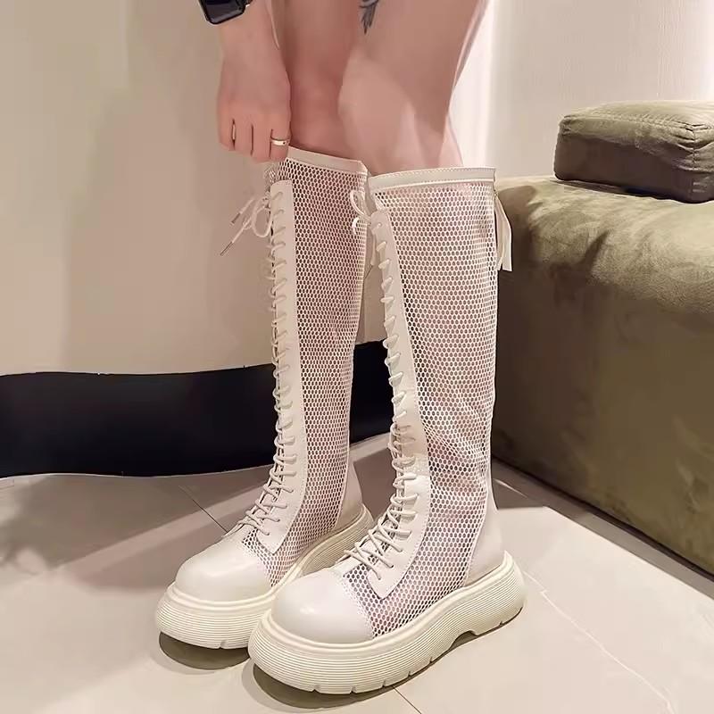

мода 2024 Лето Сетчатые Высокие Сапоги Женские Воздухопроницаемые Сетчатые Рыцарские Сапоги Толстые Полые Носки Носки Длиной До Колена Крутые Сапоги 40 бежевый