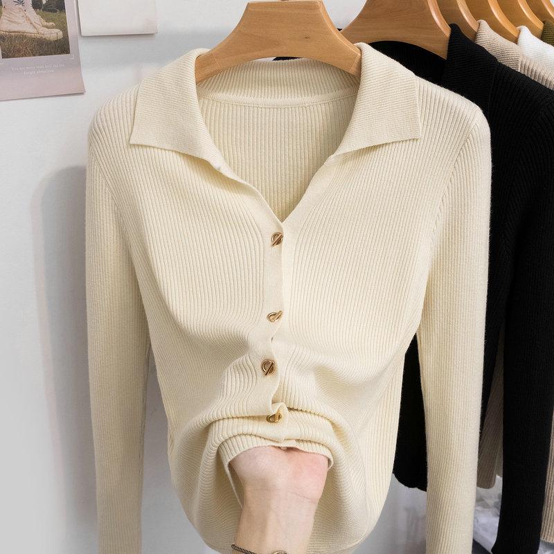 Women's Knit Lapel Collar Cardigan Sweater - Long Sleeve Polo Neck Base Layer Top for Autumn/Winter