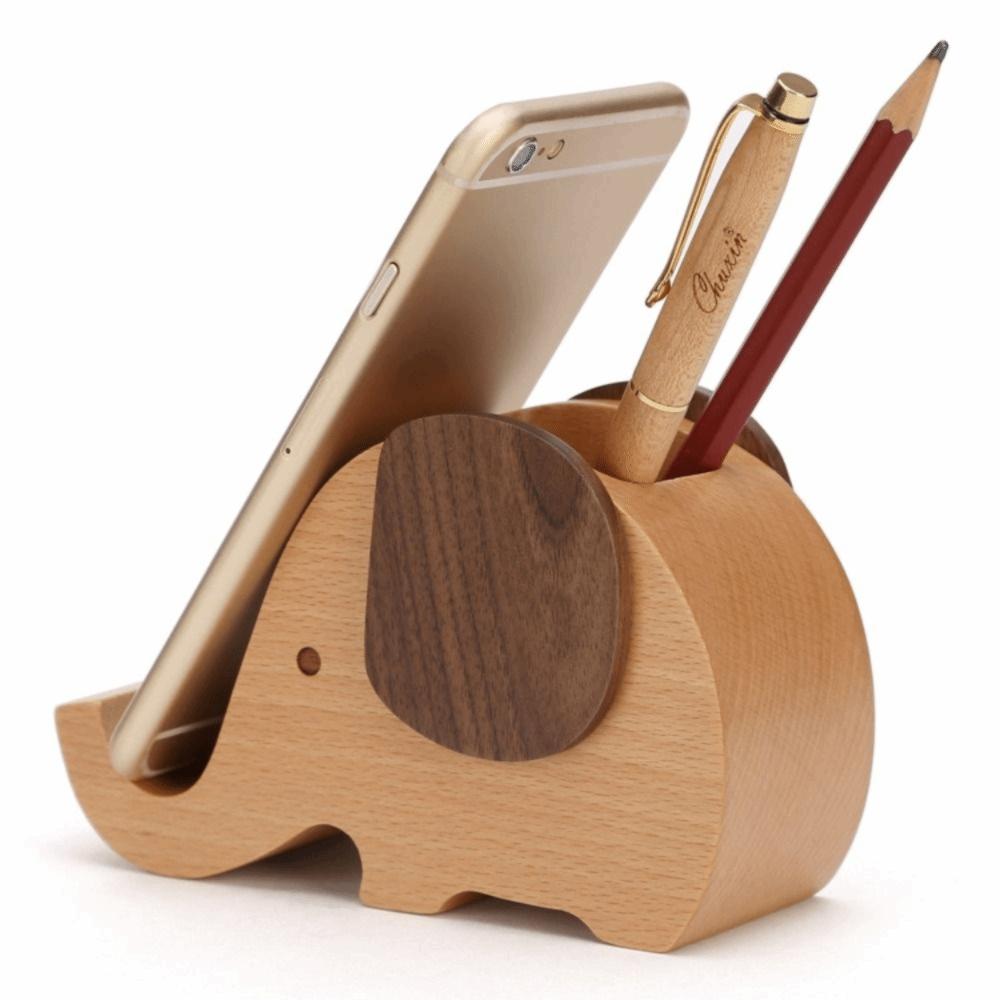 Wooden Craft Wooden Elephant Desk Organizer Creative Design Desktop Storage Box Study