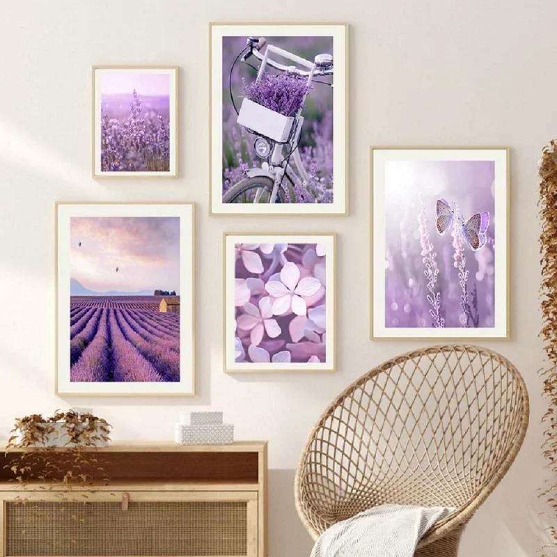 Lienzo Pintura Morado Flores Lila Lavanda Póster Bicicleta Paisaje Rural Imagen Decoración Pared Hogar Dormitorio Fondo