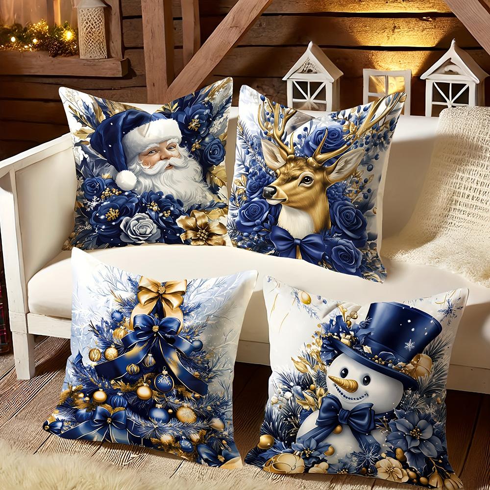 1 Stück Weihnachtskissen mit Blau & Gold, Geeignet für Weihnachts-Heimdekoration Kissenbezug, ohne Kissenkern.