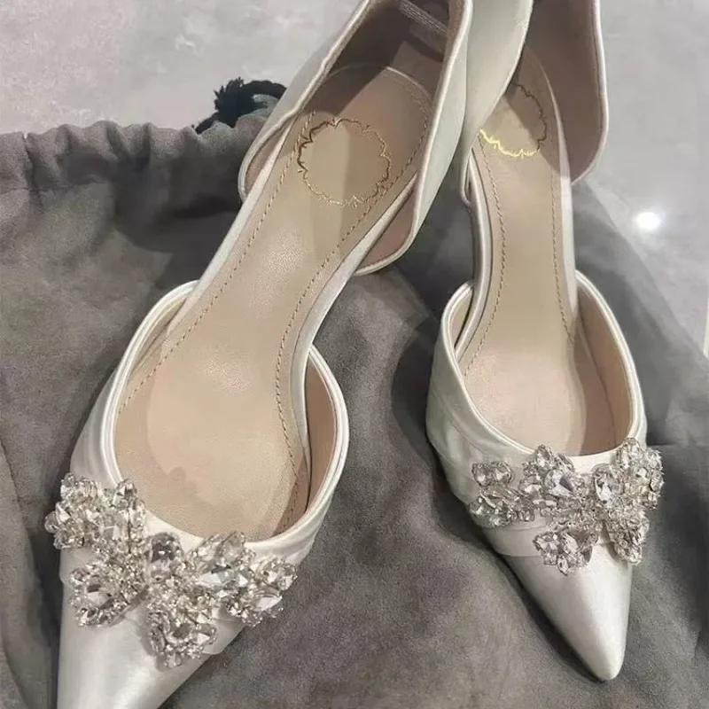 Fashion Elegant Woman Heeled Shoes 2025 New Slip on High Heels Fashion Party Pumps Women's Crystal Pointed Toe Shallow Thin Heel Sandals