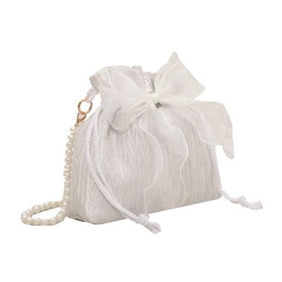 Women Single Shoulder Bag with Detachable Faux Pearl Chain Large Capacity Drawstring Handbag Purse Tulle Bowknot Crossbody Pouch
