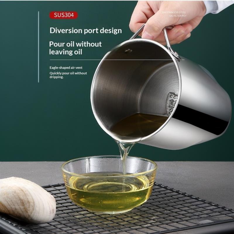 Stainless Steel Oil Strainer Pot Leakproof Oil Storage Container with Fine Filter for Home Kitchen Frying Oil Recycling