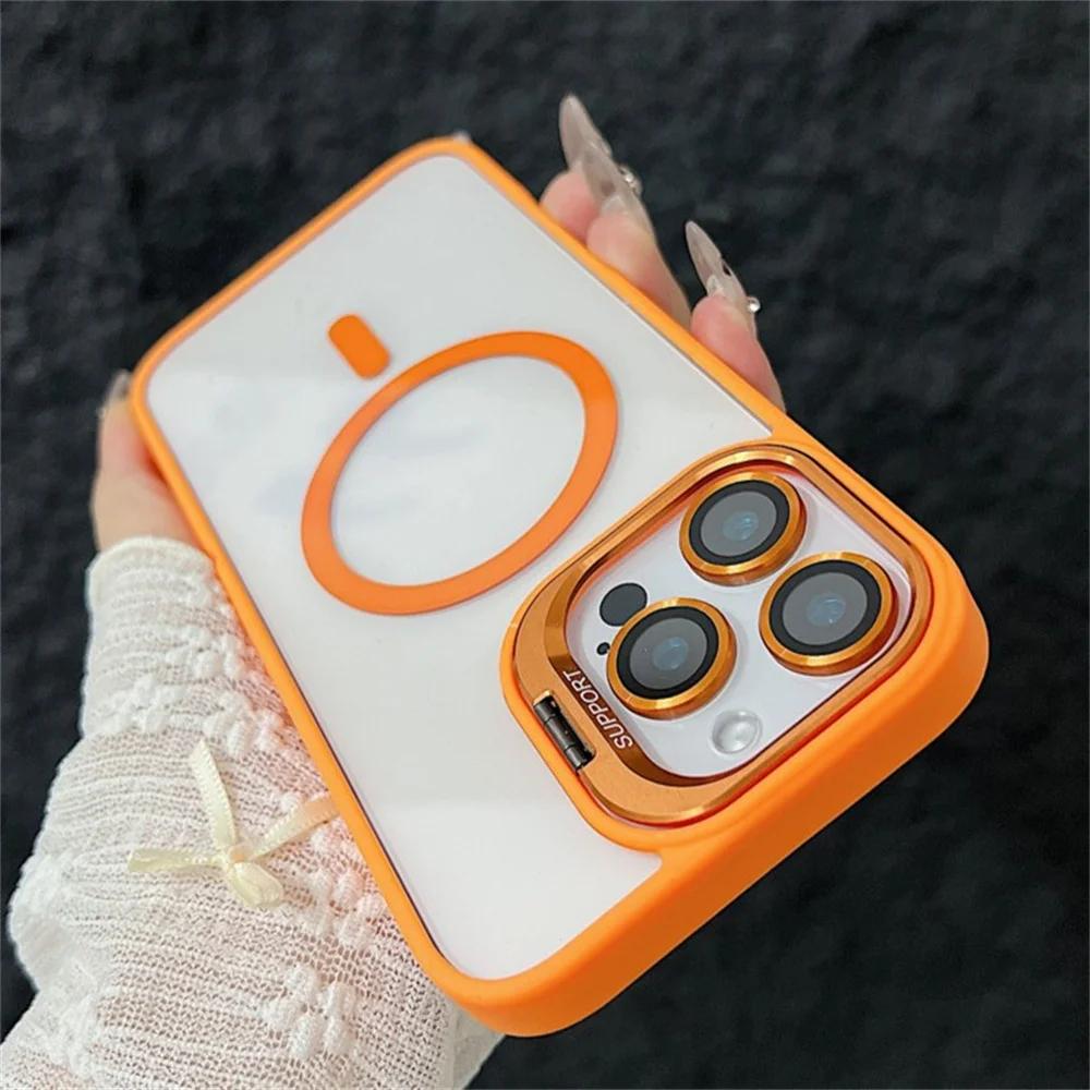 iPhone 16 15 14 13 12 11 Pro Max 16 Plus İçin Magsafe Standlı Manyetik Darbeye Dayanıklı Lüks Telefon Kılıfı Cam Lens Koruyucu Kapak