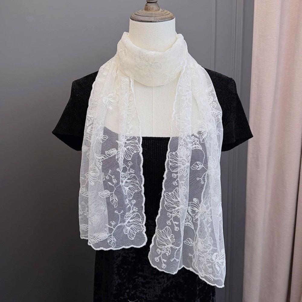 

Casual Retro Women s Lace Scarf Solid Color Long Female Headscarf Korean Version Embroidered Flower Silk Scarf
