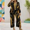 Women Plus Size Black Gold Silver Printed Round Neck Long Sleeve Top Wide Leg Pants Two Piece Set