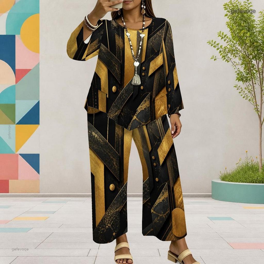 Women Plus Size Black Gold Silver Printed Round Neck Long Sleeve Top Wide Leg Pants Two Piece Set
