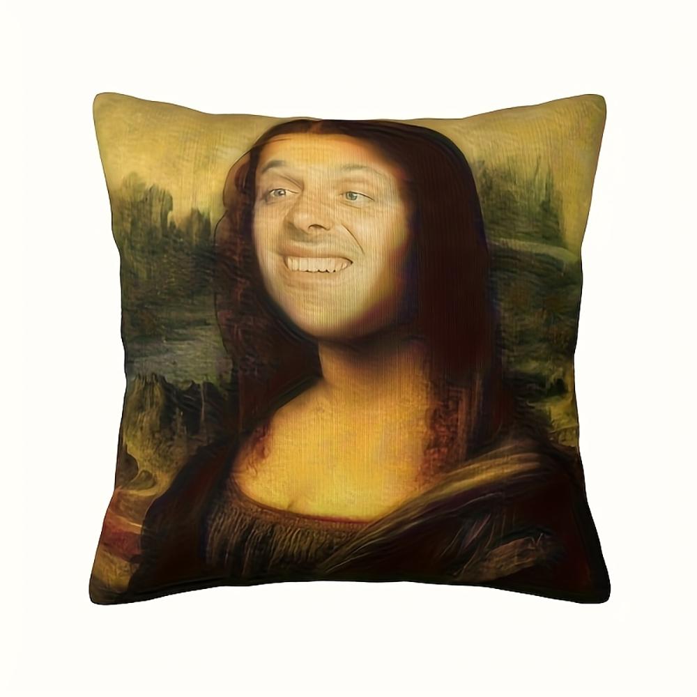

2D flat- Funny Meme Mona Lisa Grinning Face Throw Pillow Cover Home Decor 45x45cm-1pcs