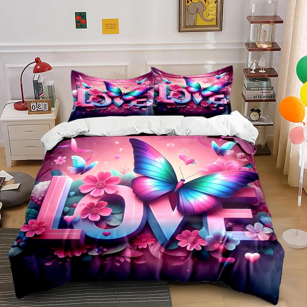 Bunte Bettwäsche mit Herzmotiv, romantischer und kuscheliger Bettbezug, passend für Kingsize, Queensize und Einzelbett, ideales Geschenk zum Valentinstag oder Geburtstag, Schlafzimmerdekoration