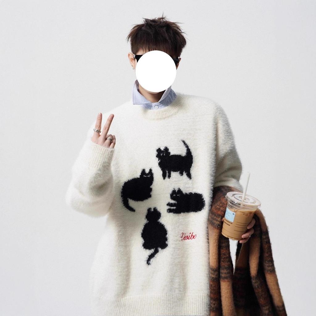 Trendy Cartoon Cat Knit Sweater: Men's Autumn/Winter Round Neck Couple's Loose Casual Style