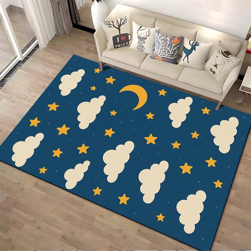 Clouds and Stars Pattern with Moon Rug Non-slip rug suitable for living room and bedroom sofas.