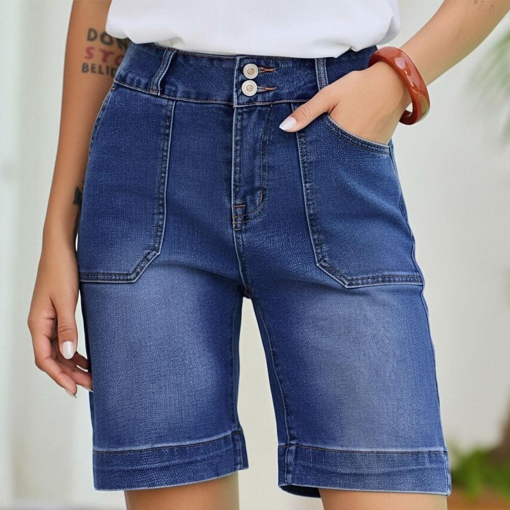 Womens Bermuda Jean Shorts High Waisted Tummy Control Stretch Denim Knee Length Shorts with Pockets