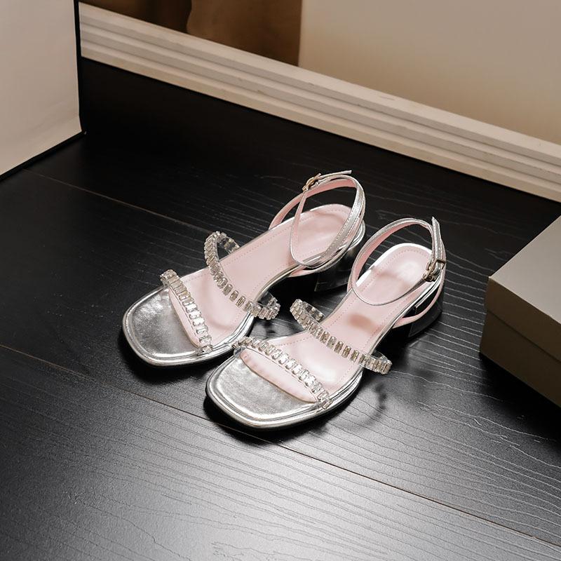 

French silver rhinestone word with square head open-toed sandals female summer fairy style thick heel medium heel sandals 40