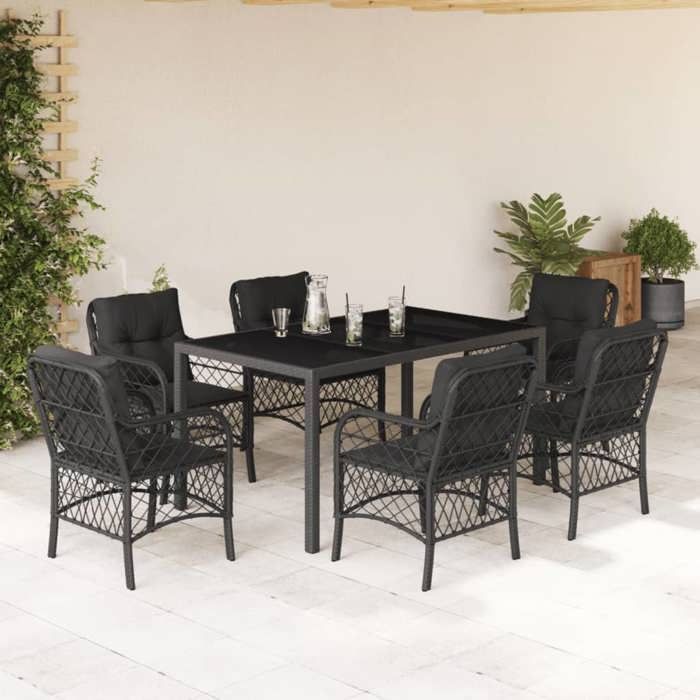 VidaXL Garden Dining Set Cushions 7pcs Black Wicker 3212027