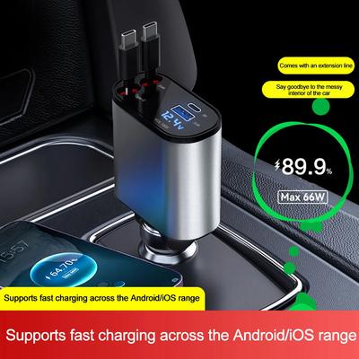 100W Duálna rýchla nabíjačka USB typu C 4 v 1 Vťahovacia nabíjačka do auta pre iPhone Samsung Super rýchla nabíjačka Adaptér do zapaľovača