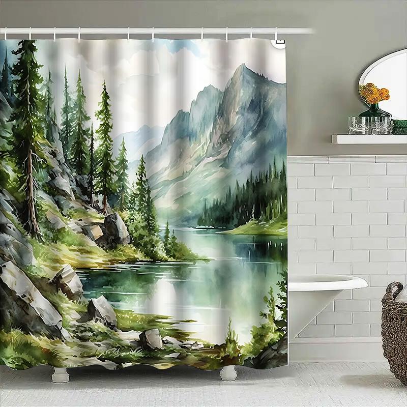 

Watercolor Mountain Lake Shower Curtain Natural Landscape Bathroom Decor Featuring Trees And Rocks Waterproof Fabric 90X180cm(35x70in)