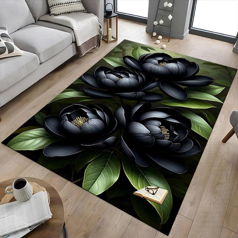 1PC Black Magnolia Flowers Non-Slip Floor Carpet Compatible for Office&Living Room&Bedroom&Dining Room - Flat-Weave Machine-W318