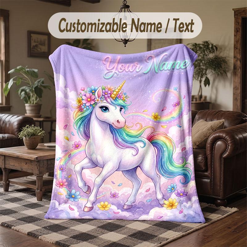 Einhorn-Thema Decke mit individuellem Namen und Text Personalisierte Decke Weiche Gemütliche Decke für Zuhause Sofa Bett