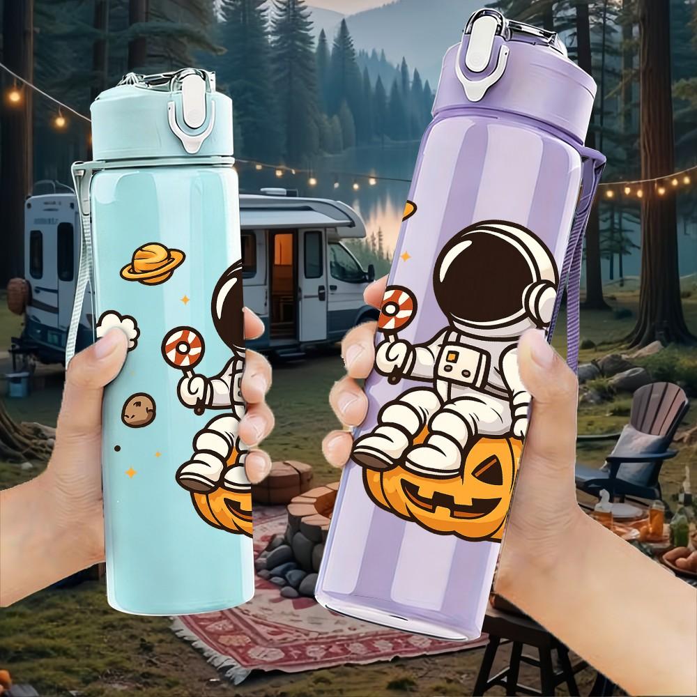 1PC Pumpkin Astronaut Space Cartoon 750ml Color Plastic Sports Water Bottle Leakproof Flip Straw Lid Suitable for Sports Office Home Use