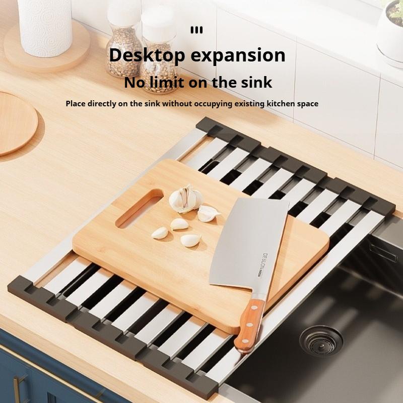 Skládací odkapávač na dřez z nerezové oceli 304, Kuchyňský odkapávač na nádobí, Zesílený protiskluzový skládací odtokový koš