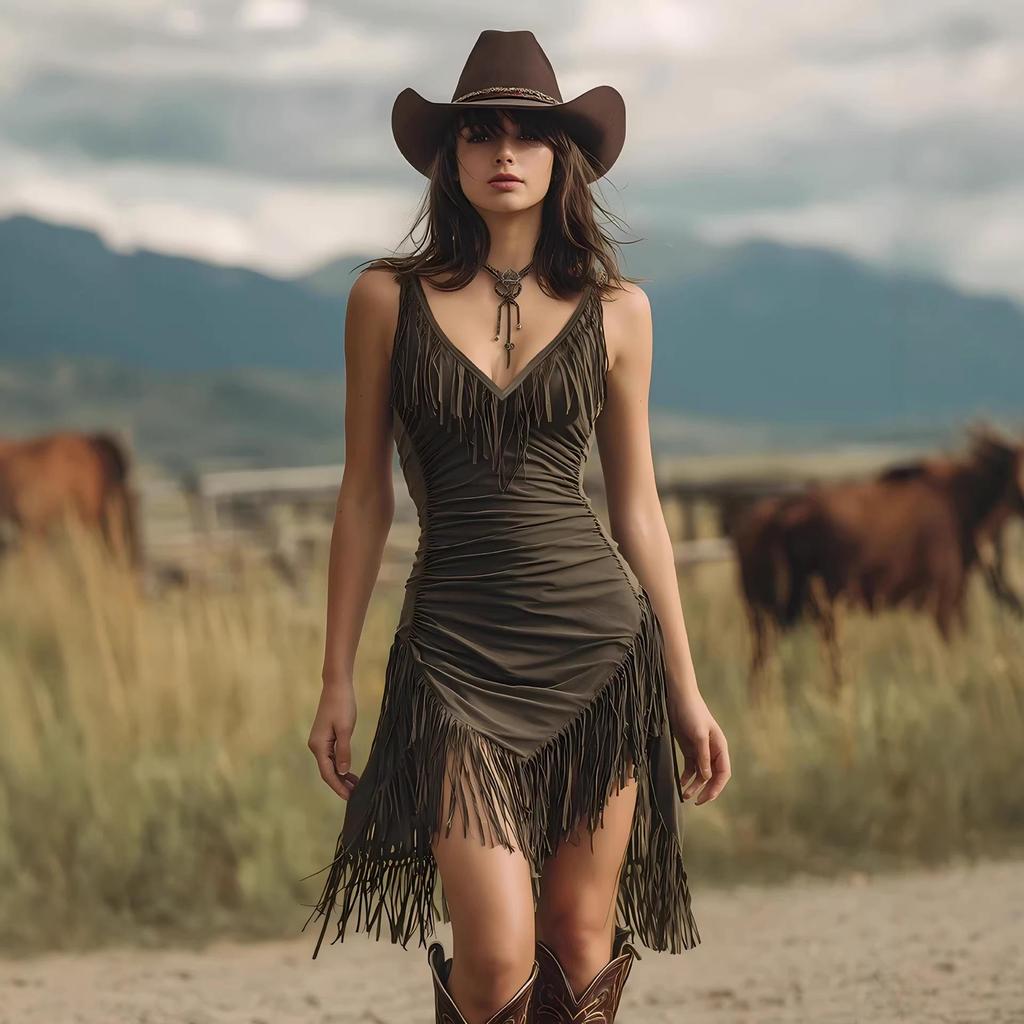 Retro Western Deep V Fringe Spaghetti Strap Slim Fit Dress