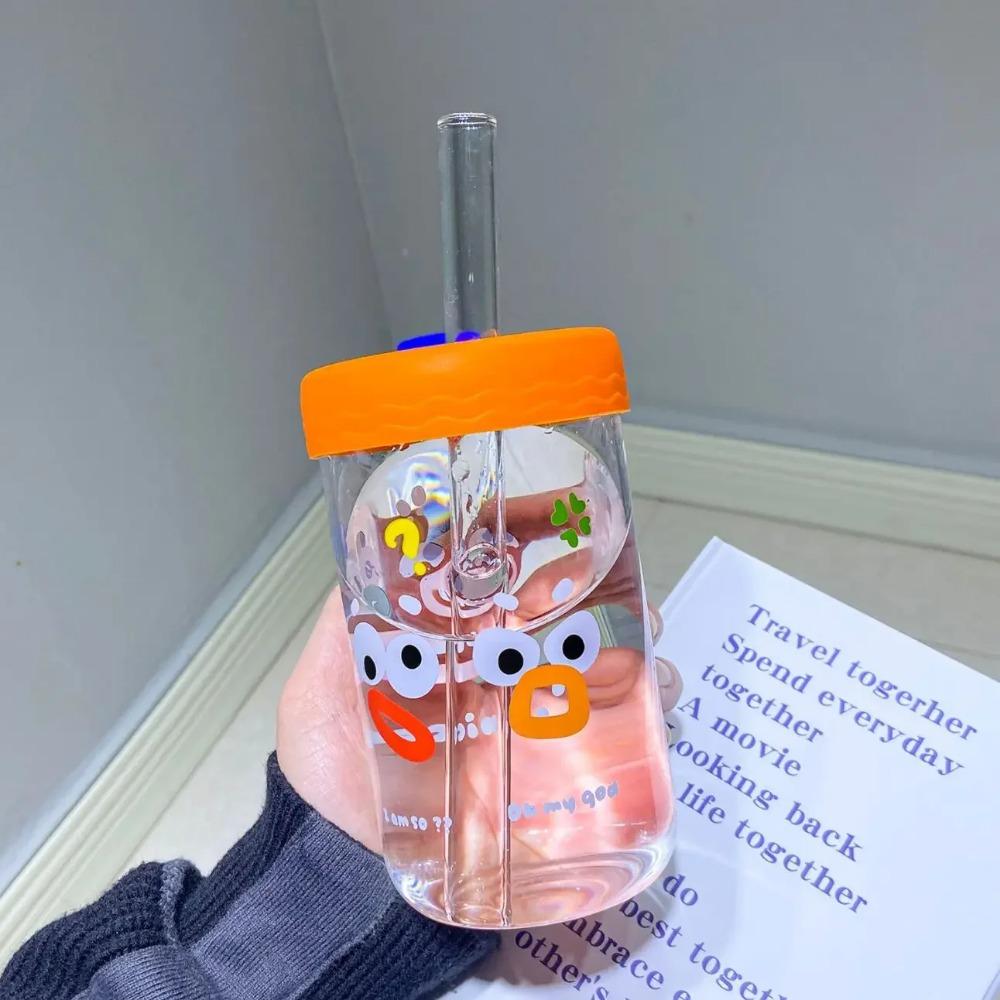 550ml Cute Kawaii Glasses With Lid and Straw Bubble Tea Cup Glass Cups For Coffee Mug Juice Can Milk Mocha Water Cup Drinkware