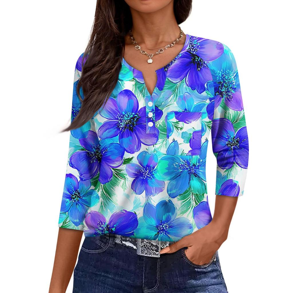 Damska Codzienna Modna Dekolt V Luźna Wszechstronna Kwiatowy Wzór Rękawy Trzyczwarte