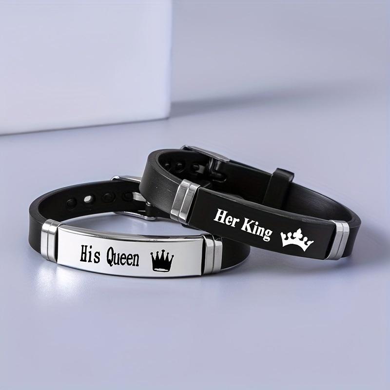 Pulsera de Acero Inoxidable para Hombre y Mujer, Pulsera de Moda Rey Reina, Longitud Ajustable, Pulsera de Silicona, Joyería