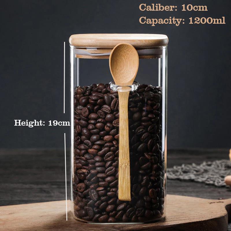 800/1000/1200ML Large Capacity Square Sealed Glass Jar with Spoon Seasoning Coffee Bean Storage Jar Home Sealed Storage Tanks