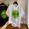 Hong Kong Style Salt Round Neck Short-sleeved Printed T-shirt for Women's 2025 Summer Simple and Loose Versatile Hem Curved Top