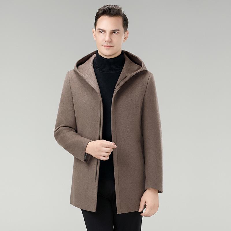 Brand Men's Korean-Style Wool Hooded Mid-Length Double-Faced Wool Down Coat Windbreaker