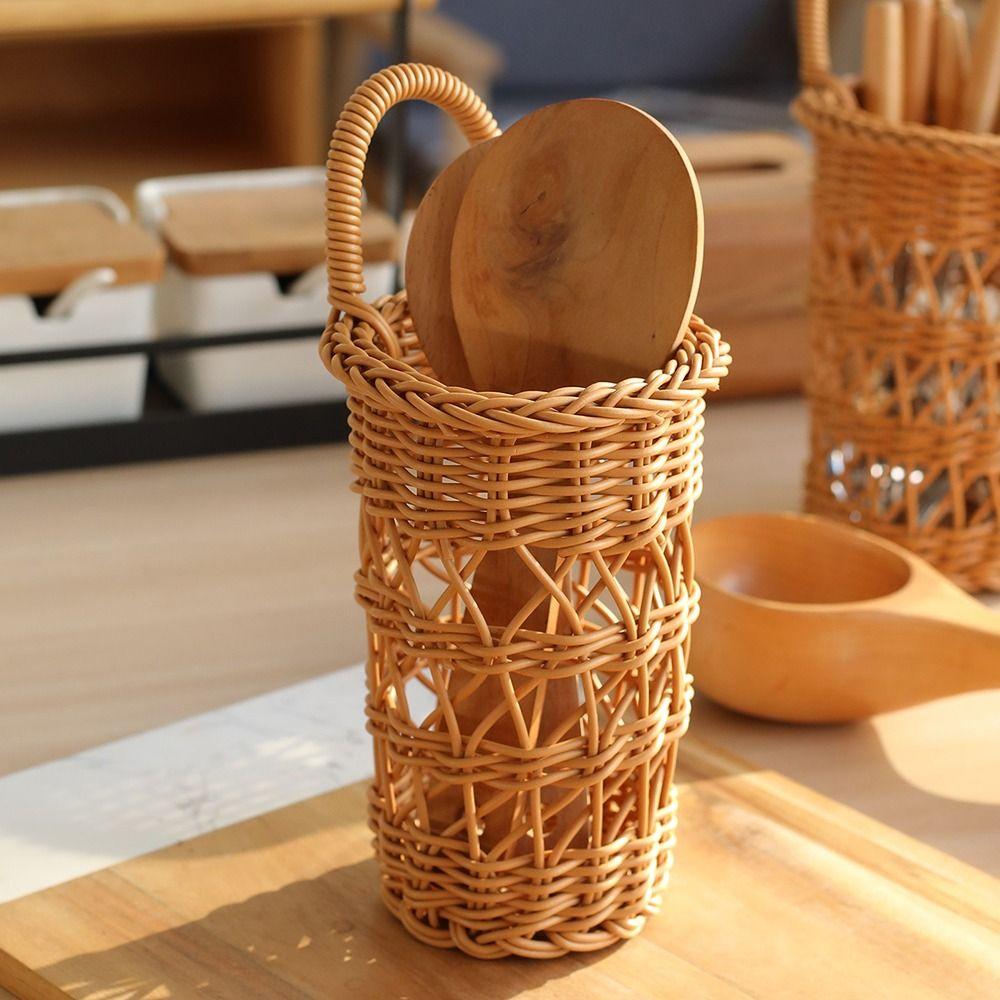 New Woven Hanging Basket Hollow Hanging Handle Faux Rattan Basket Wall Storage Basket Kitchen Storage