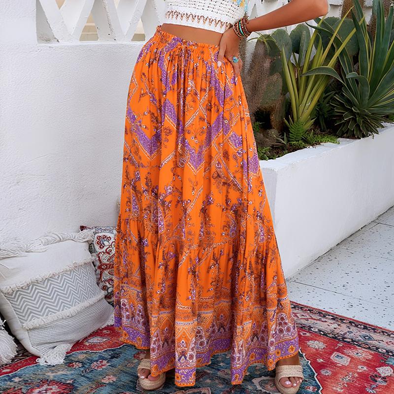 

ZANZEA Этнический Принт Праздничные Свободные Повседневные Женские Длинные Юбки 5XL оранжевый