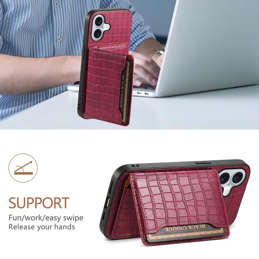For iPhone 17 Case Card Holder Kickstand Crocodile Texture Leather Back Phone Cover