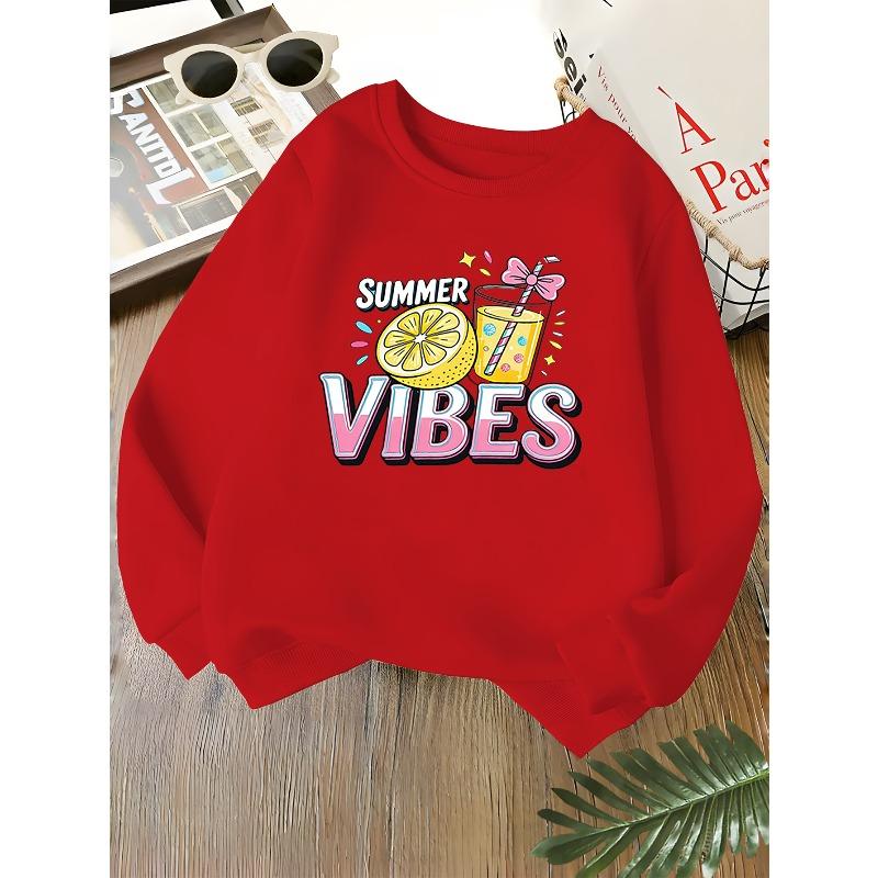 Kids Unisex Crewneck Sweatshirt, Summer Vibes Lemon Juice Bow Drink Cartoon Print Soft Fleece Long Sleeve Pullover For Boys Girls Over 4 Years Old
