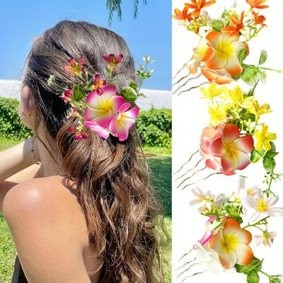 New Hawaiian Artificial Plumeria Hair Comb, Bohemian Style Bridal Wedding Beach Party Updo Hair Accessory