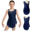 Girls Rhythmic Gymnastics Costume Sparkling Rhinestone Mesh Patchwork Sleeveless Dress with Built-in Briefs for Stage Competition