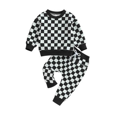 2-teiliges Herbst-Kleidungs-Outfit für Kleinkinder, Mädchen und Jungen, kariert, langärmelig, Rundhalsausschnitt, Kapuzenpullover und Jogginghose
