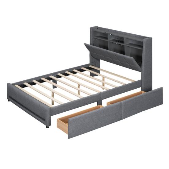 Upholstered Bed, 140 X 200cm, No Mattress, App-Controlled LED Light, Bed with Drawers Featuring Power Outlets and USB Ports, Built-In Storage