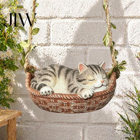 Realistic Sleeping Cat Figure Hanging Basket Statue, Cute Kitten Figurine, Lifelike Figurine for Trees Resin Ornament Outdoor Garden Patio Porch