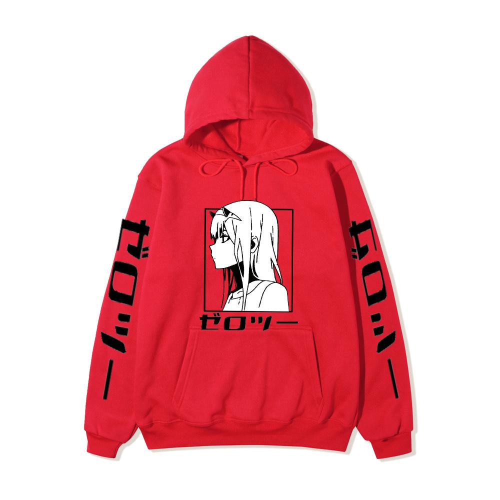 Zero Two Side Profile Anime Hoodie Japanese Letter Print Black Casual Long Sleeve Hooded Sweatshirt Pullover